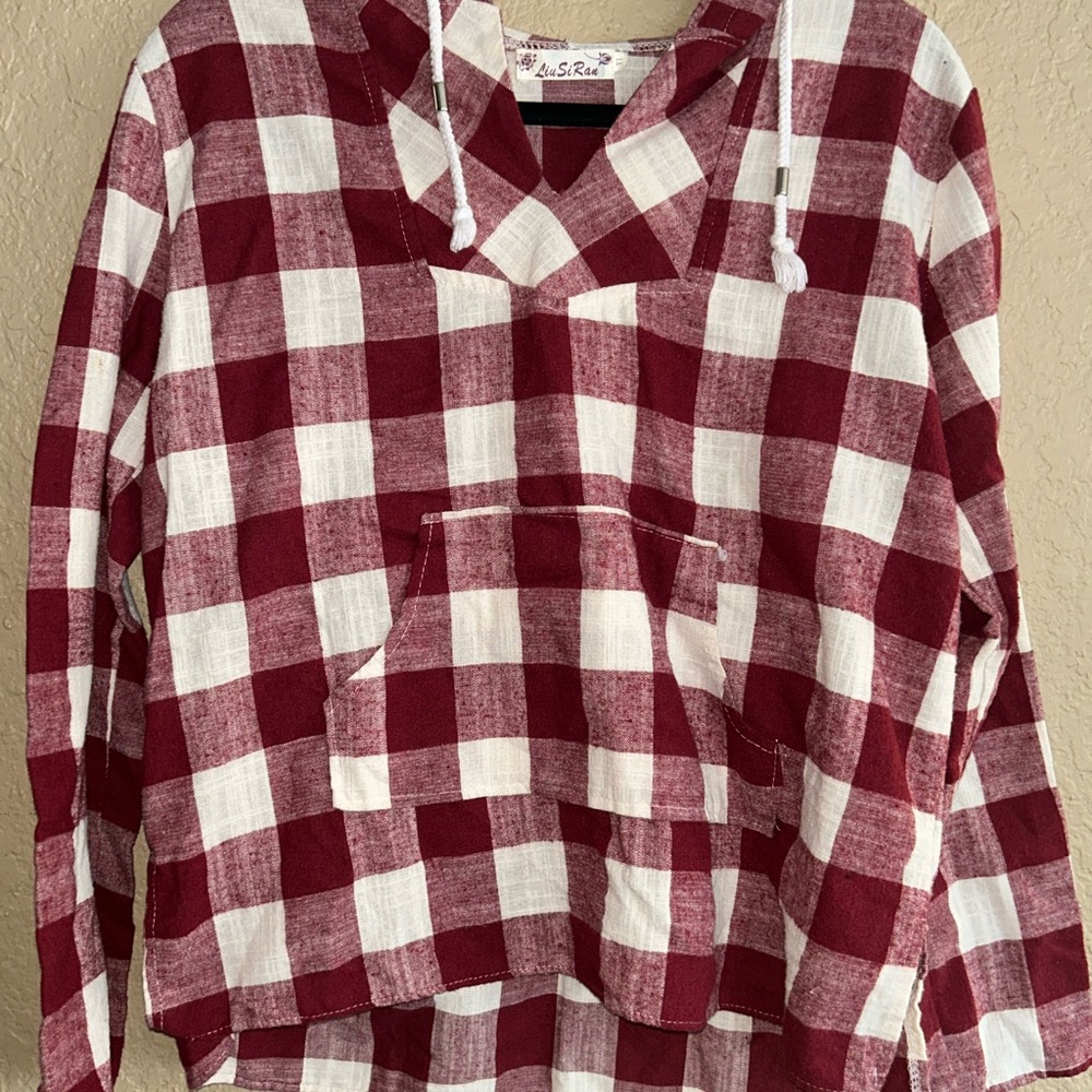 LiuSiRan Burgundy and White Plaid Hooded Tunic